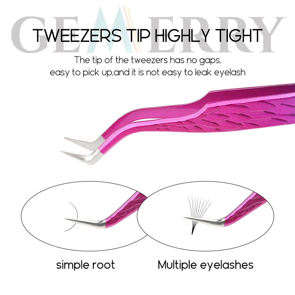 GEMERRY Tweezers for Eyelash Extension Colorful Stainless Steel Superhard Fiber Tips High Precision Anti-Static Makeup Tool
