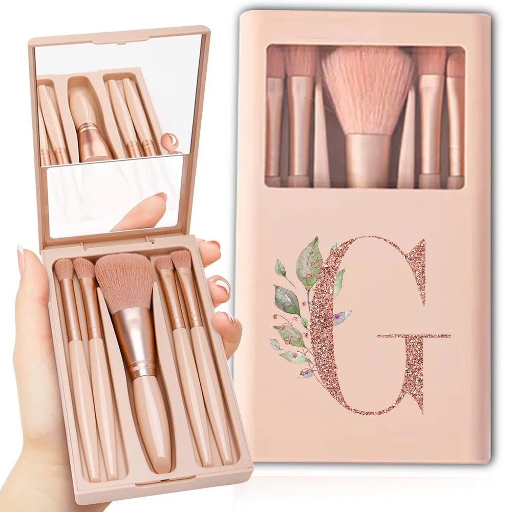 5pcs Cosmetic Brush Kit With Mirror And Case Foldable Box Storage Makeup Brush Set Portable Beauty Tool Rose Gold Letter Pattern