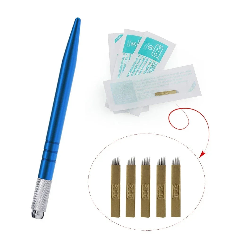 Golden Tebori 3D Tattoo Pen + 5 Pcs 12 Pins Microblading Tattoos Needles Permanent Makeup Manual Professional Eyebrow Tattoo Set