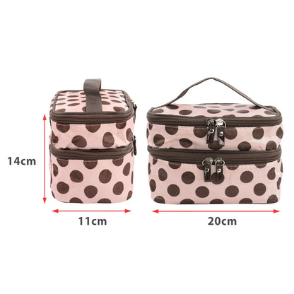Women'S Travel Cosmetic Makeup Bag Organizer Double Layer Dot Pattern Toiletry Bag Case Pouch With Mirror For Woman