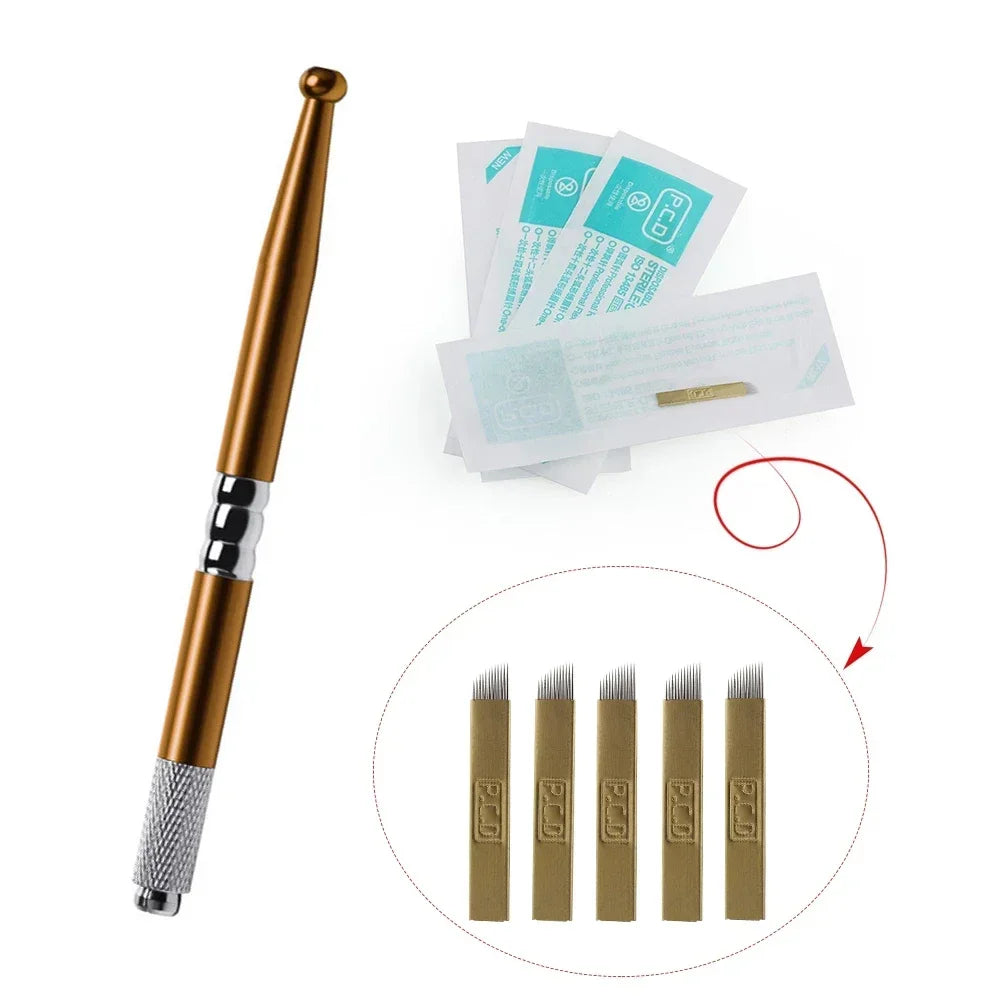 Golden Tebori 3D Tattoo Pen + 5 Pcs 12 Pins Microblading Tattoos Needles Permanent Makeup Manual Professional Eyebrow Tattoo Set
