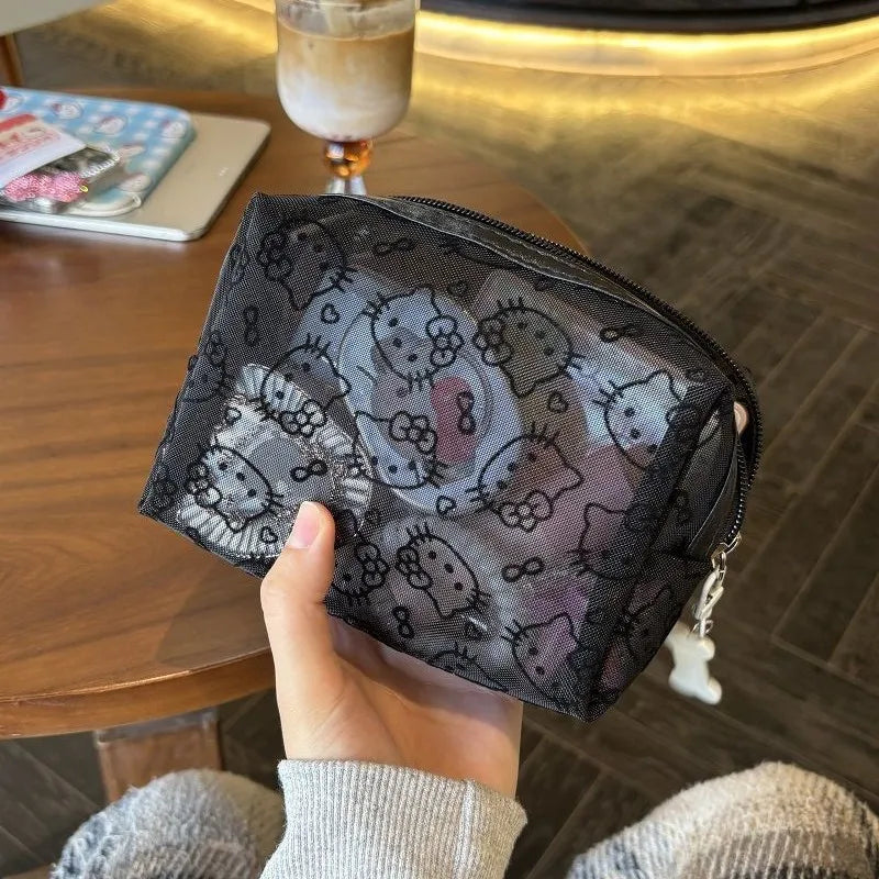 Black Mesh Hello Kitty Makeup Bag - Cute Portable Cosmetic Pouch with Large Capacity, Durable Organizer for Travel