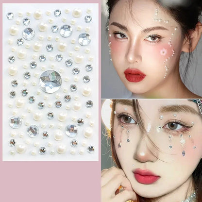 Face Tattoo Eyeshadow Stickers Nail Stickers 3D Pearl Face Jewels Diamond Decoration Self Adhesive Body Brow Makeup DIY Beauty