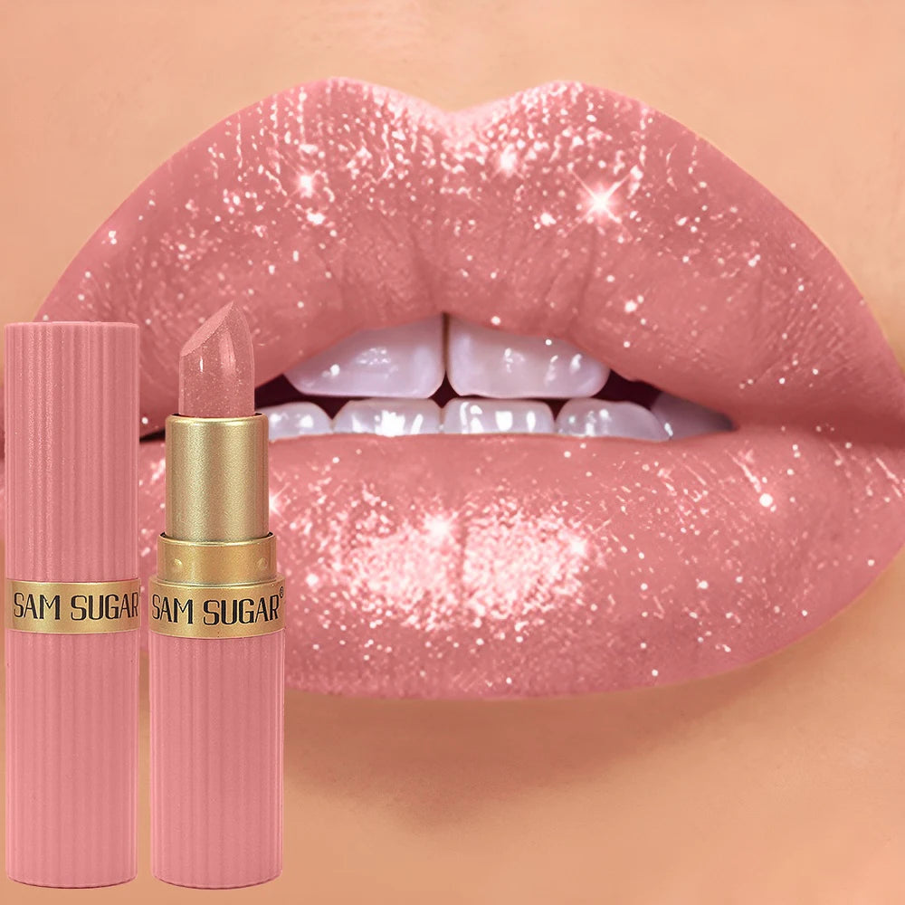Diamond Glitter Lip Stick Waterproof Lasting Pearlescent Metallic Lip Balm Brown Lipgloss Women Lips Gloss Makeup Cosmetics
