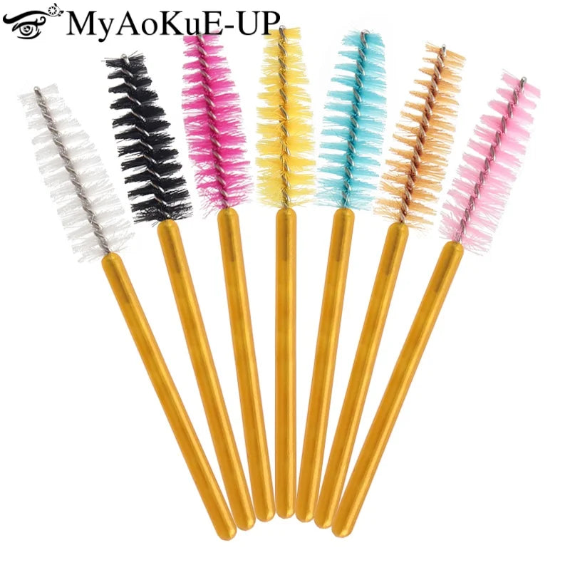 50Pcs Disposable Eyelash Makeup Brush Mascara Wands Gold Mini Eye Lash Brushes Short Eyebrow Comb Eyelashes Extension Tool