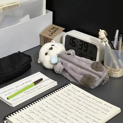 Cartoon Soft Pencil Pouch Pen Bag Makeup Pouch Plush Sea Otter Pencil Case Portable Pen Marker Holder School Supplies