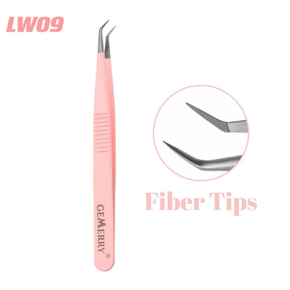 GEMERRY 1 PC Eyelash Tweezers With Fiber Tips Pink Professional Steel High Precision for Volume Fans Lashes Extensions Makeup