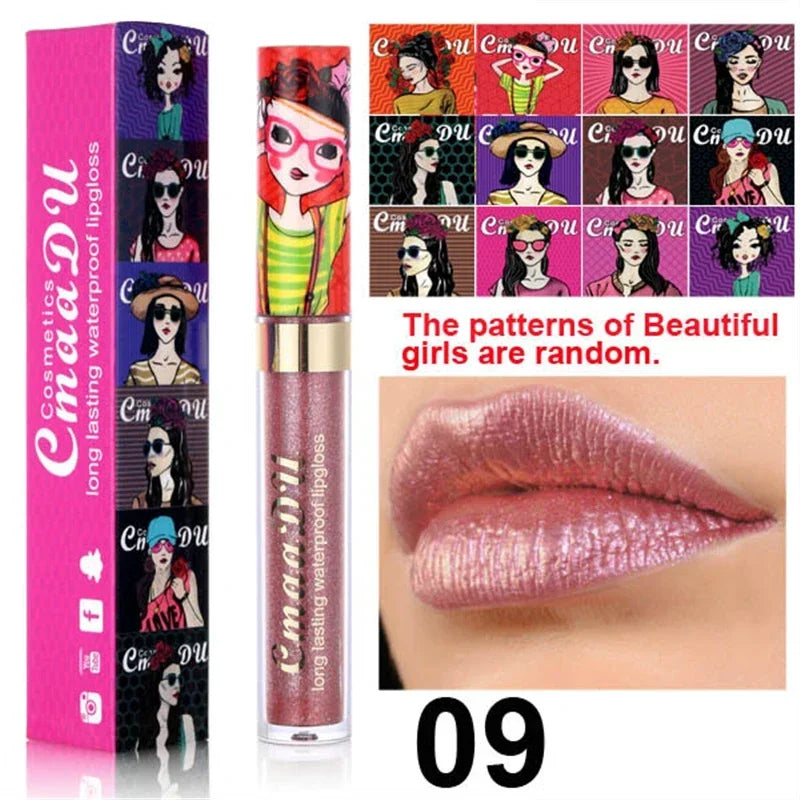 Cmaadu shimmer lip gloss beauty girl diamond glitter lip tint waterproof long lasting 12 color gold flash liquid lipstick makeup