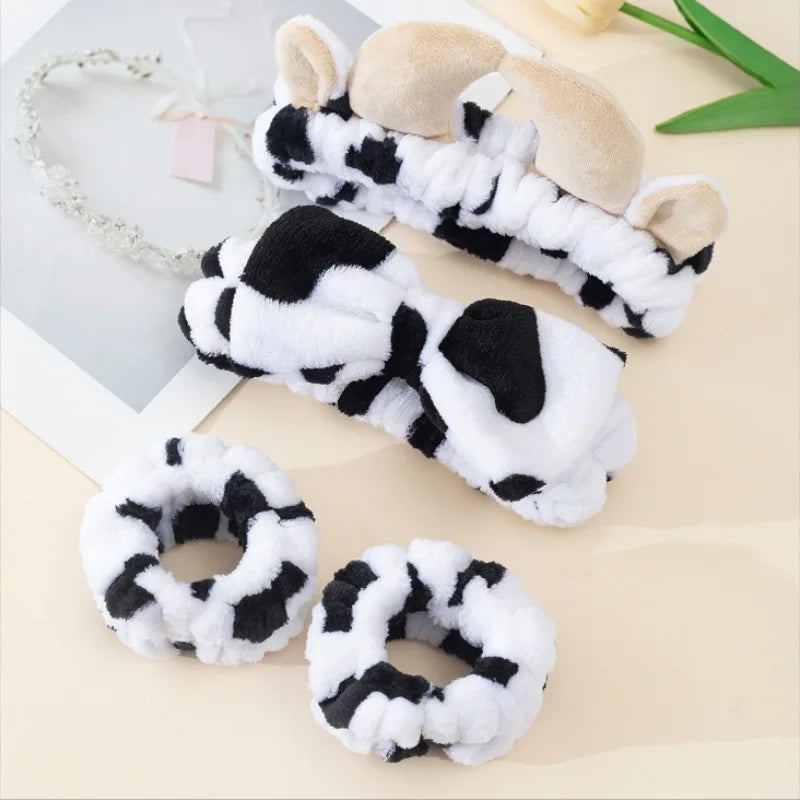1 Cow Patterned Plush Hair Accessory Set for Autumn Winter Soft Skin Friendly Makeup Home Wear Skincare