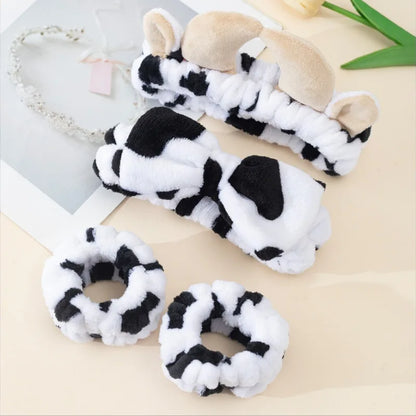 1 Cow Patterned Plush Hair Accessory Set for Autumn Winter Soft Skin Friendly Makeup Home Wear Skincare