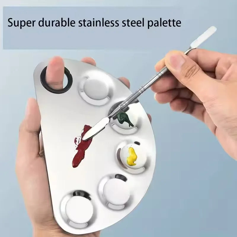 Stainless Steel Makeup Mixing Palette with Foundatio Spatula for Watercolor Paints Eye Shadow Sticks Makeup Cosmetic Beauty Tool