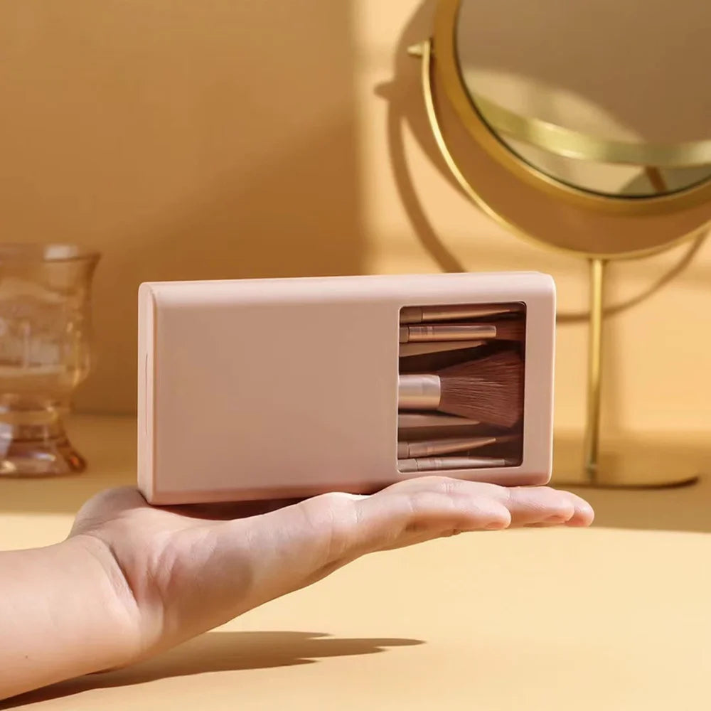 5pcs Cosmetic Brush Kit With Mirror And Case Foldable Box Storage Makeup Brush Set Portable Beauty Tool Rose Gold Letter Pattern