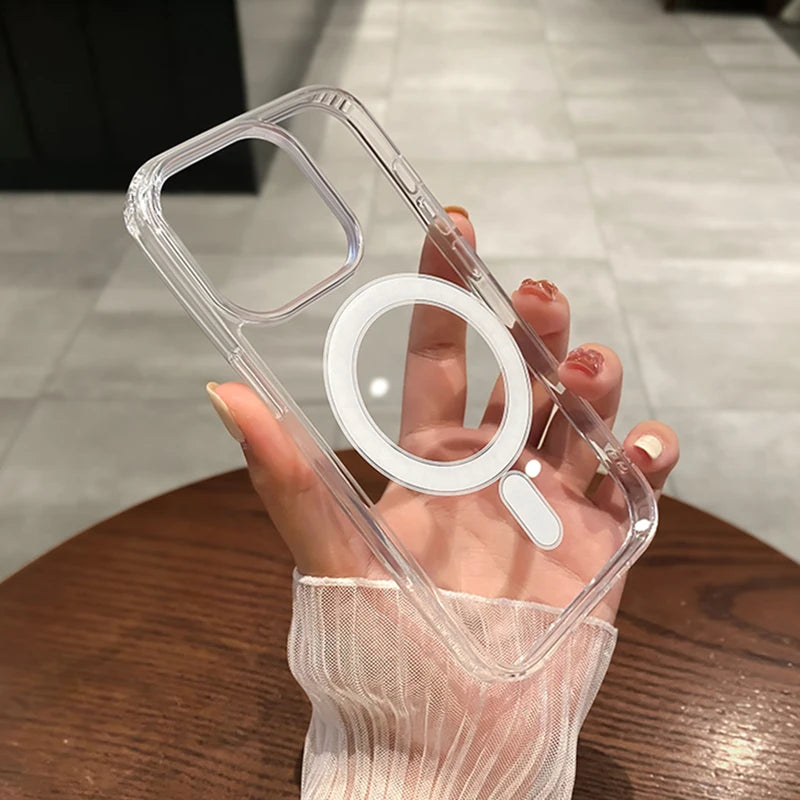 For Magesafe Magnetic Transparent Wireless Charge Case For iPhone 11 12 13 14 15 16 17 Air Pro Max Plus Mini Shockproof PC Cover