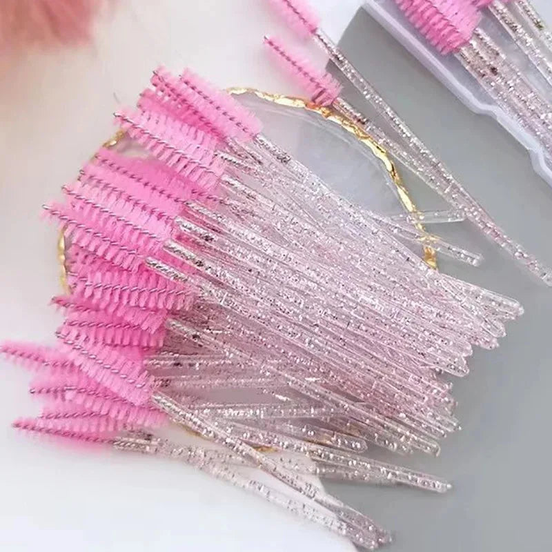 50Crystal Eyelash Comb with Holder Disposable Eyelash Extension Brush Mascara Applicator Professional Makeup Tool Set