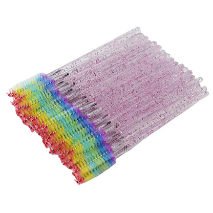 50pcs Disposable Mixed Color Eyelash Brushes Crystal Eye Lash Mascara Wands Glitter Lash Comb Spoolies Micro Makeup Applicators
