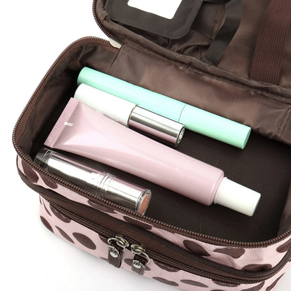 Women'S Travel Cosmetic Makeup Bag Organizer Double Layer Dot Pattern Toiletry Bag Case Pouch With Mirror For Woman