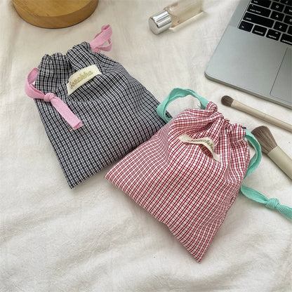 New Plaid Storage Drawstring Bag Women Cosmetics Lipstick Storage Pouch Cute Makeup Bag Christmas Gift Candy Jewelry Organizer