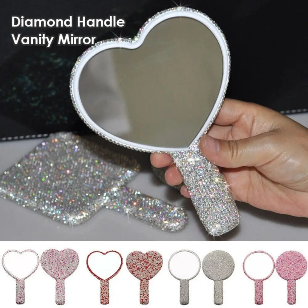 Cute Rhinestone Makeup Mirror Round Square Heart Shape Shiny Bling Cosmetic Hand Mirror Portable with Handle Handheld Mirror