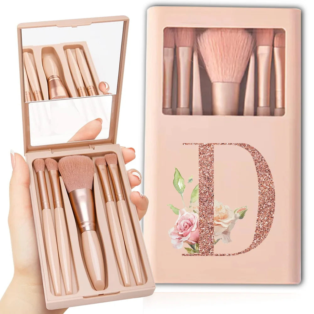 5pcs Cosmetic Brush Kit With Mirror And Case Foldable Box Storage Makeup Brush Set Portable Beauty Tool Rose Gold Letter Pattern