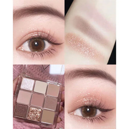 9-Color Glitter Eyeshadow Palette Pink Pearly Eyeshadow Palette Korean Charming Eye Makeup Palette Shiny Eye Shadow Eye Pigments