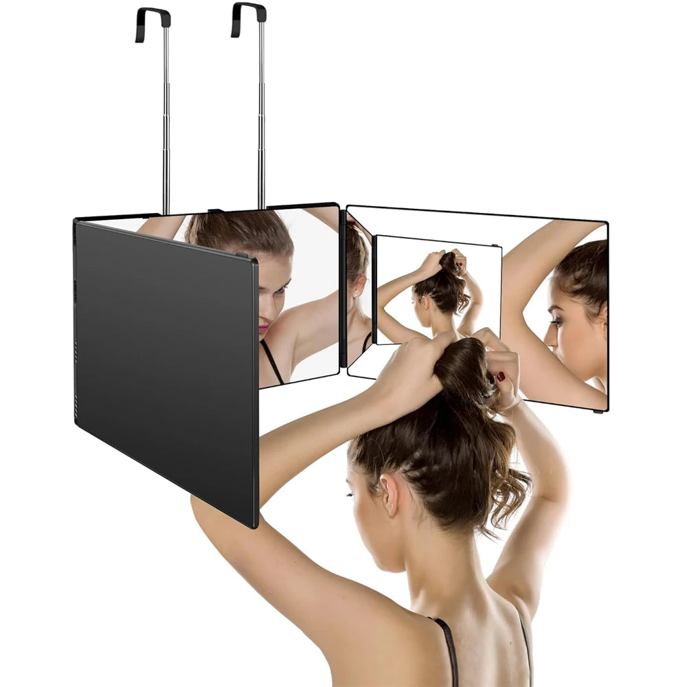 360 Trifold Mirror Portable with Height Adjustable Telescoping Hooks Ideal for Self Hair Cutting Makeup Essential Fordable