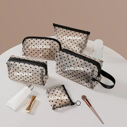 HOMEFISH Heart Transparent Mesh Makeup Bag Multifunction Portable Women Cosmetic Storage Pouch Ladies Toiletry Lipstick