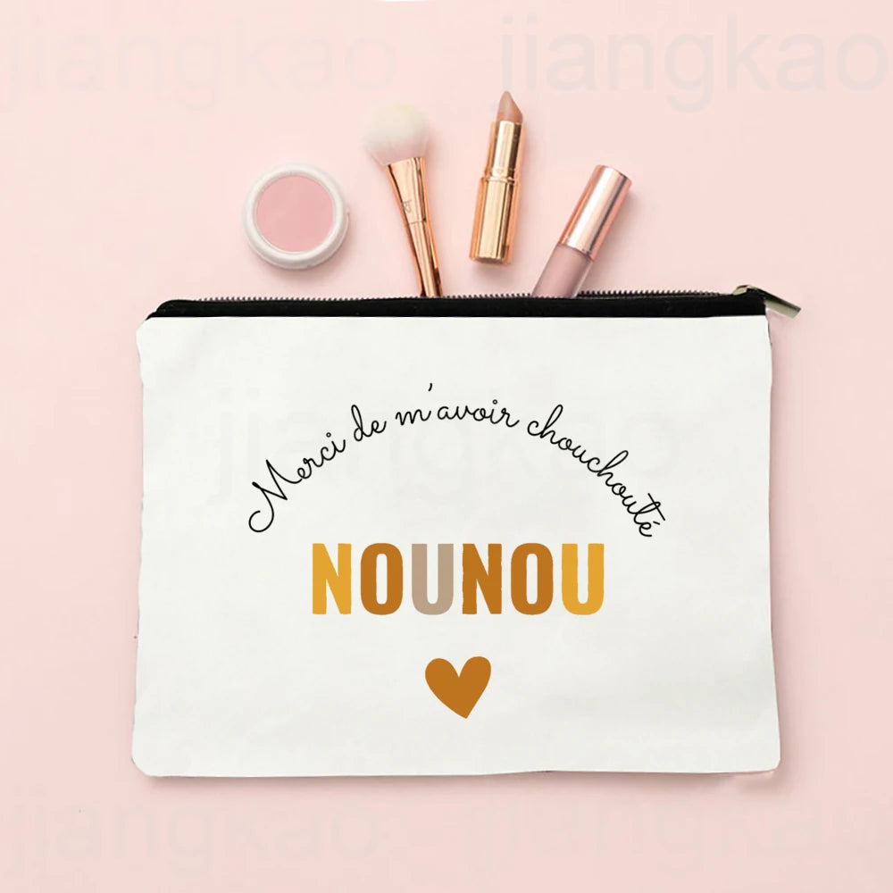 Thank You for Caring for Me As A Nanny French Print Cosmetic Bag Travel Toiletry Organizer Bags Women Makeup Bag Gift for Nounou