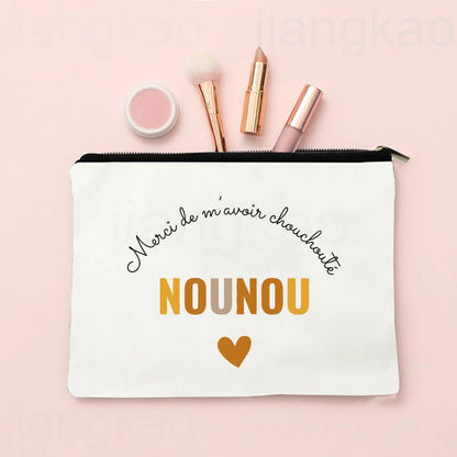 Thank You for Caring for Me As A Nanny French Print Cosmetic Bag Travel Toiletry Organizer Bags Women Makeup Bag Gift for Nounou