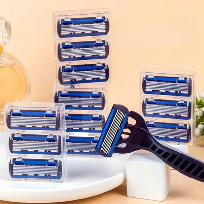 1 Handle + 3 Blades/ Men Women Manual Safety Razor 6-Layer Stainless Steel Hair Removal Shaving Replaceable Shaver Head