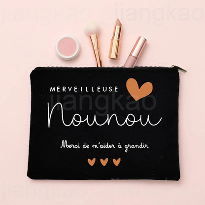 Thank You for Caring for Me As A Nanny French Print Cosmetic Bag Travel Toiletry Organizer Bags Women Makeup Bag Gift for Nounou