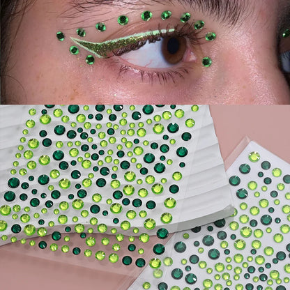 1Pcs 3D Emerald Green Face Jewels Tattoo Stickers Round Rhinestones Temporary Tattoos for Party Makeup DIY Body Diamond Decals &