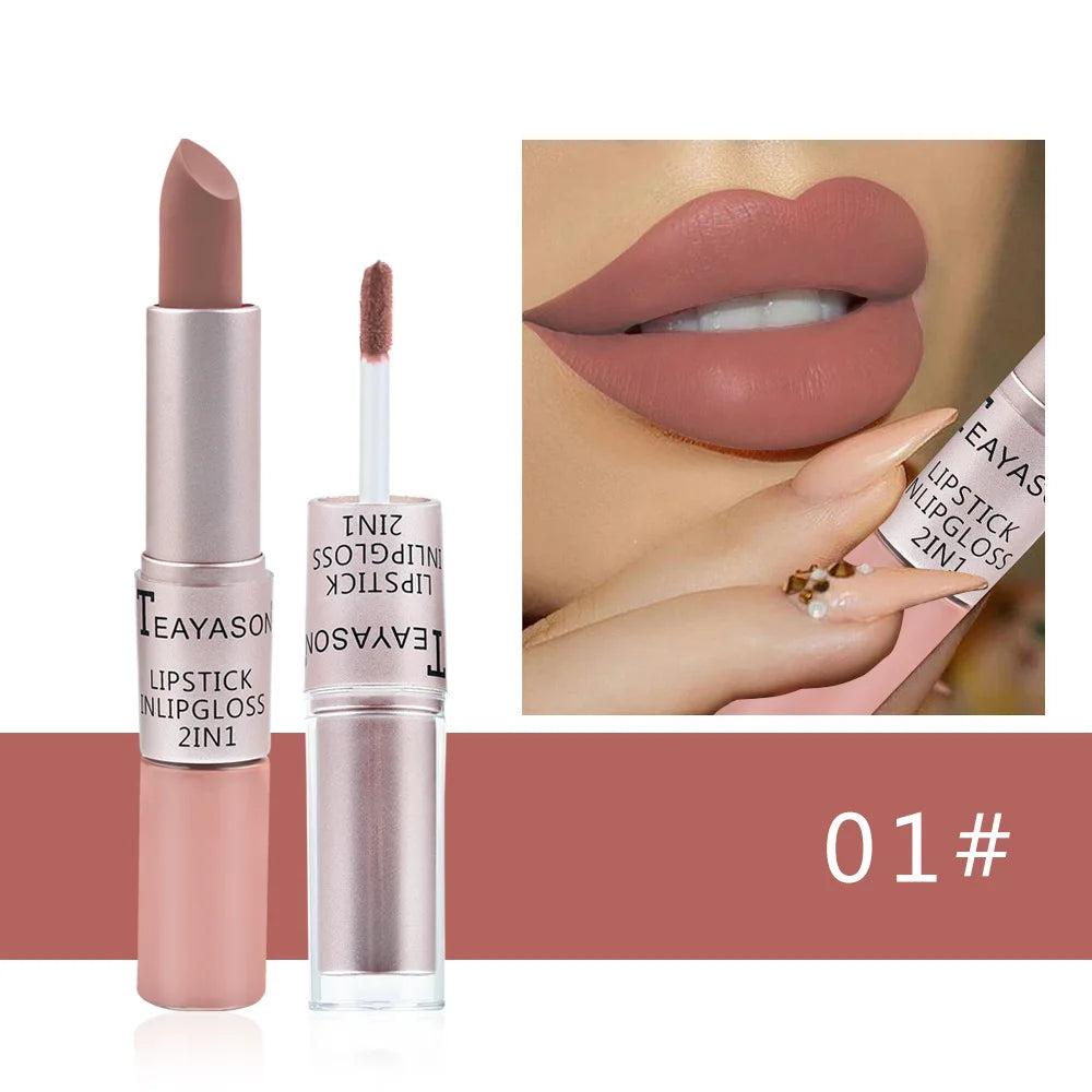 1Pc Long Lasting Velvet Matte Lipstick Double Head Lip Gloss Non-stick Cup Lip Gloss Waterproof 2 in 1 Matte Red Lipstick Makeup