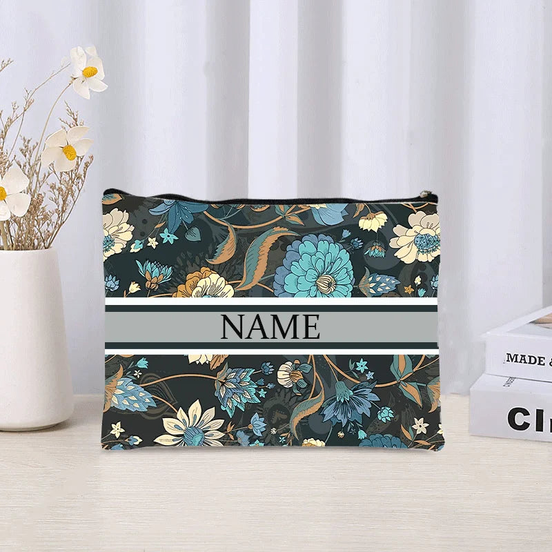 Luxury Custom Name Cosmetic Bag Floral Personalized Makeup Pouch Travel Lipstick Organizer Trendy Make Up Clutch Canvas Purse
