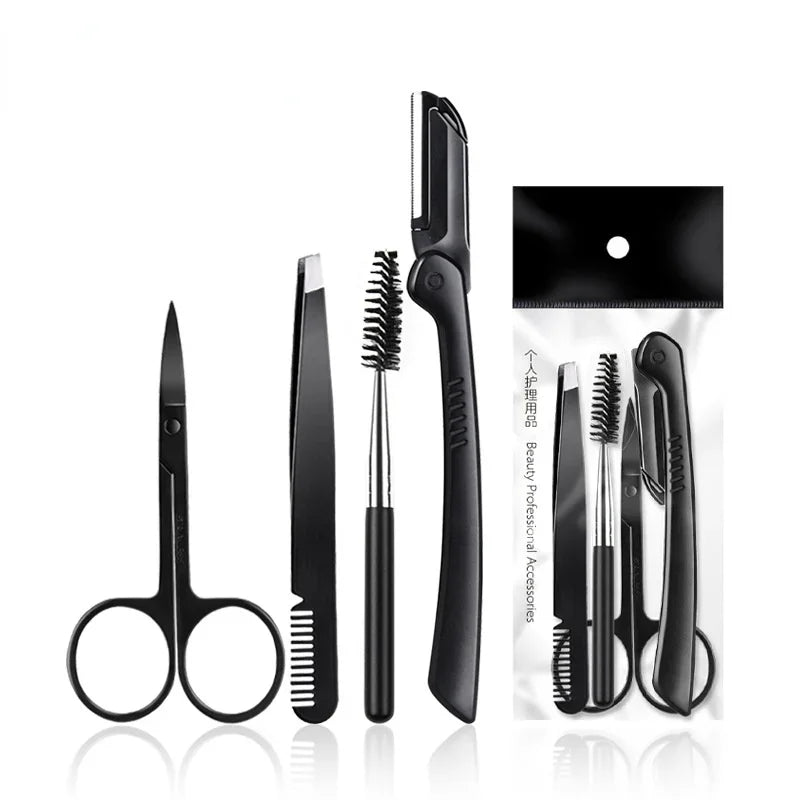 Black Eyebrow Trimming Scissors Stainless Steel Tweezers Scraping Eyebrow Comb Razor Eyebrow Clip Makeup Tools Sets
