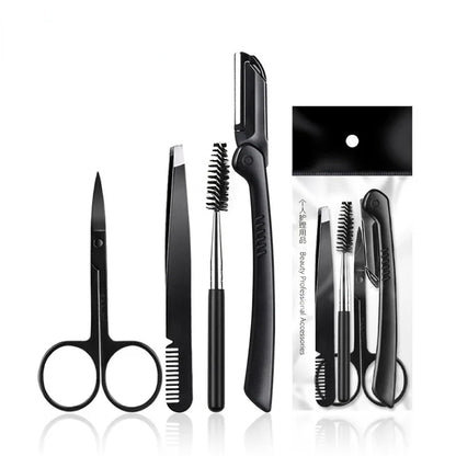 Black Eyebrow Trimming Scissors Stainless Steel Tweezers Scraping Eyebrow Comb Razor Eyebrow Clip Makeup Tools Sets