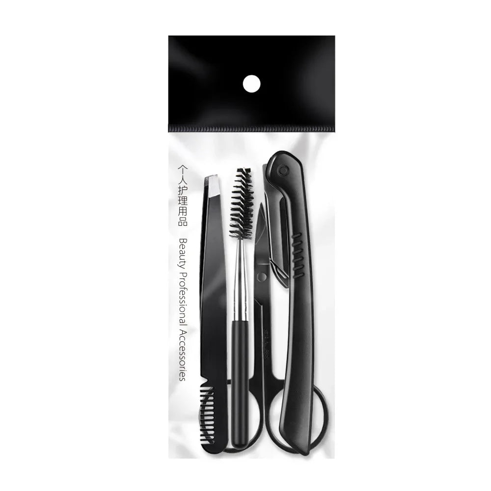 Black Eyebrow Trimming Scissors Stainless Steel Tweezers Scraping Eyebrow Comb Razor Eyebrow Clip Makeup Tools Sets