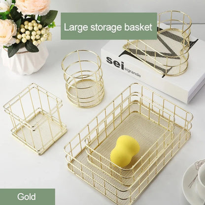 Nordic Iron storage Basket jewelry organizer Gold Office Desktop Sundries Makeup Brushes Holder Table Cosmetics Organizer Rack