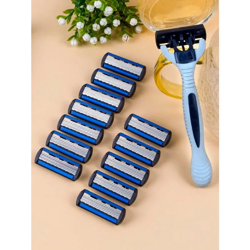 1 Handle + 3 Blades/ Men Women Manual Safety Razor 6-Layer Stainless Steel Hair Removal Shaving Replaceable Shaver Head