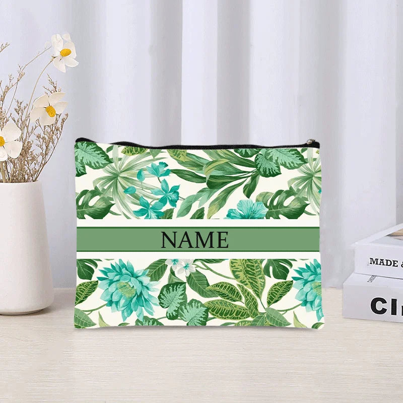 Luxury Custom Name Cosmetic Bag Floral Personalized Makeup Pouch Travel Lipstick Organizer Trendy Make Up Clutch Canvas Purse