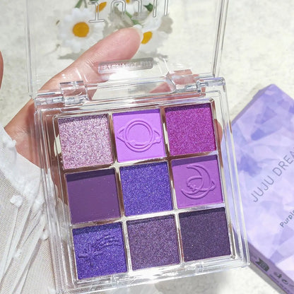 9-color purple and pink eyeshadow palette, long-lasting and waterproof, matte and shimmer finishes, smokey eye makeup palette.