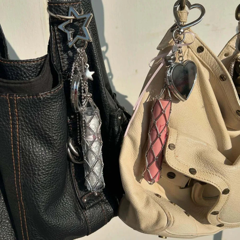 New Lipsticks Protective Cover Metal Net Pocket Lipstick Bag Keychain Portable Makeup Pouch Lip Balm Bag Key Chain Holder Mirror