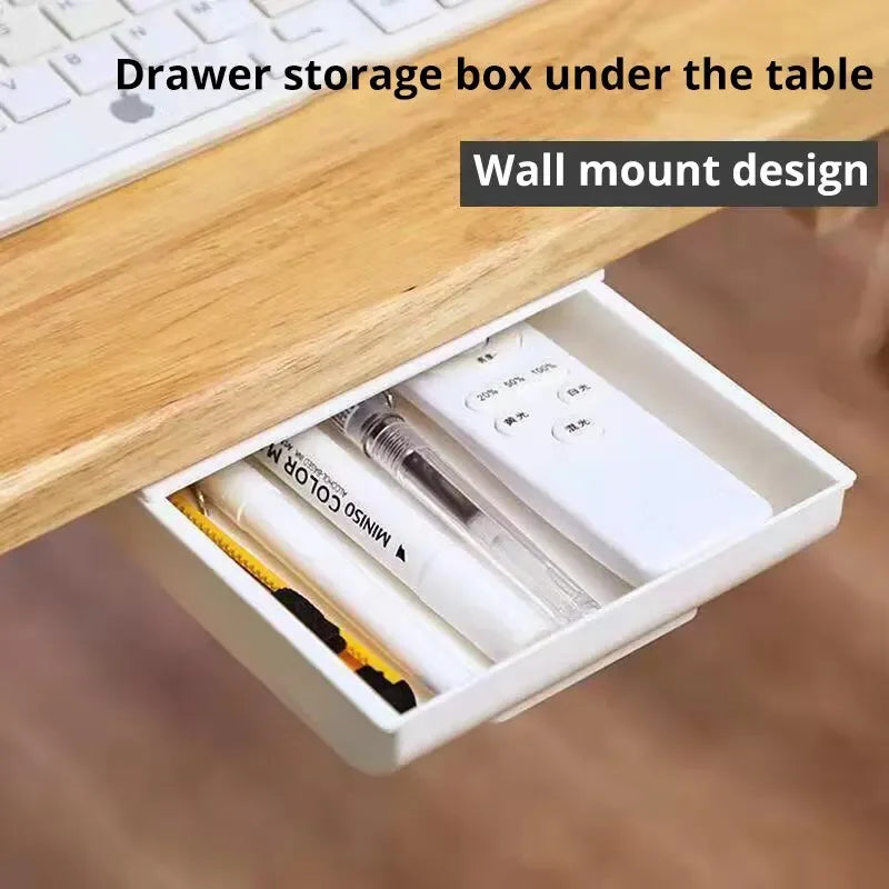 2pc White SelfAdhesive Storage Drawer Box Makeup Pencil Tray Desk Hidden Under Desk Stand Self-adhesive Under-drawer Storage Box