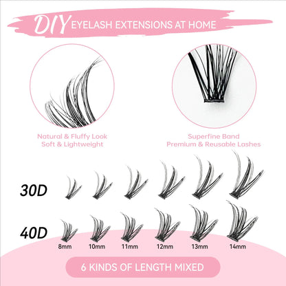 MAIOJIE DIY Clusters Lash Kit 8-16mm Mix Bond&Seal Tweezers Lash Set for Self Application Makeup Individual Eyelash Extensions