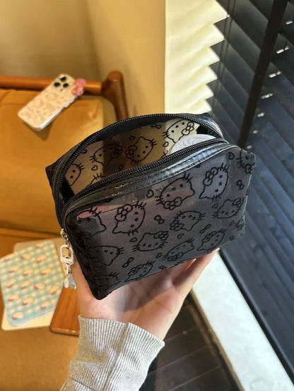 Black Mesh Hello Kitty Makeup Bag - Cute Portable Cosmetic Pouch with Large Capacity, Durable Organizer for Travel