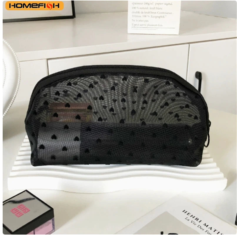 HOMEFISH Heart Transparent Mesh Makeup Bag Multifunction Portable Women Cosmetic Storage Pouch Ladies Toiletry Lipstick