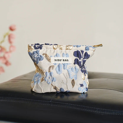 White Embroidery Daisy Women's Makeup Bag Portable Coin Purse Key Case Cosmetics Lipstick Storage Bag Commuter Liner Bag Ins