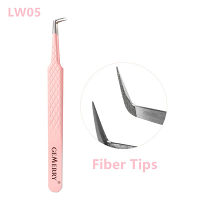 GEMERRY 1 PC Eyelash Tweezers With Fiber Tips Pink Professional Steel High Precision for Volume Fans Lashes Extensions Makeup
