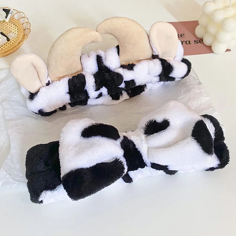 1 Cow Patterned Plush Hair Accessory Set for Autumn Winter Soft Skin Friendly Makeup Home Wear Skincare