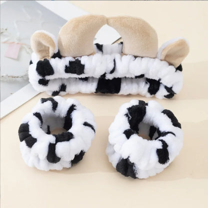 1 Cow Patterned Plush Hair Accessory Set for Autumn Winter Soft Skin Friendly Makeup Home Wear Skincare