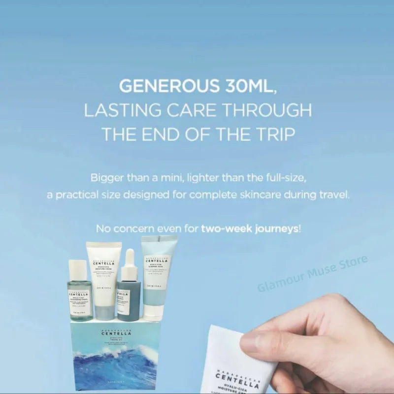Centella HyaluCica Travel Kit,Brightening Toner, Blue Ampoule Serum,Night Sleeping Pack and Moisturizer Cream Skincare Mini Set
